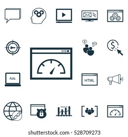 Set Of 16 SEO Icons. Can Be Used For Web, Mobile, UI And Infographic Design. Includes Elements Such As Security, Newsletter, Media Campaign And More.