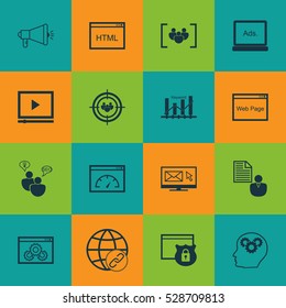 Set Of 16 SEO Icons. Can Be Used For Web, Mobile, UI And Infographic Design. Includes Elements Such As Focus Group, Intellectual Process, Connectivity And More.