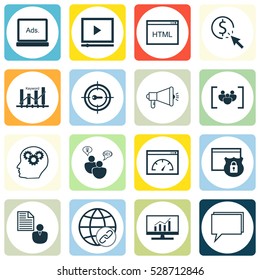 Set Of 16 SEO Icons. Can Be Used For Web, Mobile, UI And Infographic Design. Includes Elements Such As Loading Speed, Report, Market Research And More.