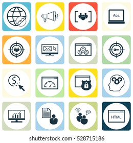 Set Of 16 SEO Icons. Can Be Used For Web, Mobile, UI And Infographic Design. Includes Elements Such As Market Research, Connectivity, Focus Group And More.