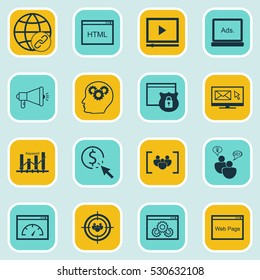Set Of 16 SEO Icons. Can Be Used For Web, Mobile, UI And Infographic Design. Includes Elements Such As Coding, Media Campaign, Connectivity And More.