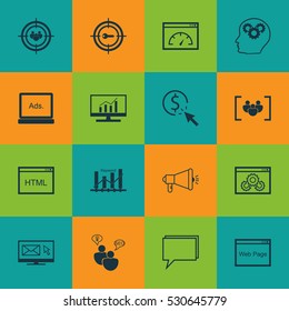 Set Of 16 SEO Icons. Can Be Used For Web, Mobile, UI And Infographic Design. Includes Elements Such As PPC, Market Research, Focus Group And More.