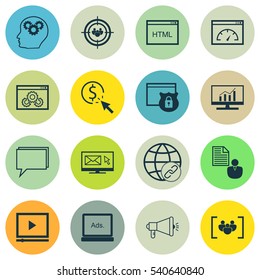 Set Of 16 SEO Icons. Includes Loading Speed, Market Research, PPC And Other Symbols. Beautiful Design Elements.
