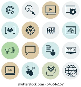 Set Of 16 SEO Icons. Includes Web Page Performance, Questionnaire, Conference And Other Symbols. Beautiful Design Elements.