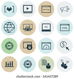 Set Of 16 SEO Icons. Includes Connectivity, Market Research, Loading Speed And Other Symbols. Beautiful Design Elements.