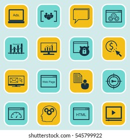 Set Of 16 SEO Icons. Includes Market Research, Digital Media, Loading Speed And Other Symbols. Beautiful Design Elements.