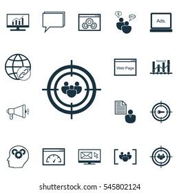 Set Of 16 SEO Icons. Includes Website, Market Research, Keyword Optimisation And Other Symbols. Beautiful Design Elements.
