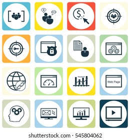 Set Of 16 SEO Icons. Includes Intellectual Process, Loading Speed, PPC And Other Symbols. Beautiful Design Elements.