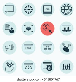 Set Of 16 SEO Icons. Includes Keyword Optimisation, Report, Connectivity And Other Symbols. Beautiful Design Elements.