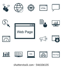 Set Of 16 SEO Icons. Includes Conference, Report, Market Research And Other Symbols. Beautiful Design Elements.