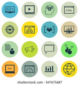 Set Of 16 SEO Icons. Includes Questionnaire, Conference, Media Campaign And Other Symbols. Beautiful Design Elements.