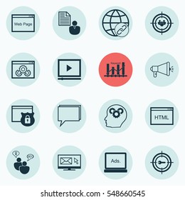 Set Of 16 SEO Icons. Includes Web Page Performance, Focus Group, Coding And Other Symbols. Beautiful Design Elements.