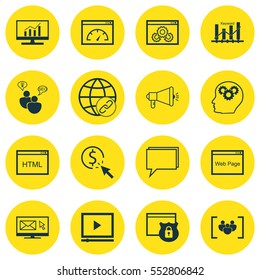 Set Of 16 SEO Icons. Includes PPC, Newsletter, Loading Speed And Other Symbols. Beautiful Design Elements.