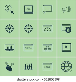 Set Of 16 SEO Icons. Includes Security, Digital Media, Keyword Marketing And Other Symbols. Beautiful Design Elements.
