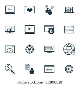 Set Of 16 SEO Icons. Includes Questionnaire, Market Research, Video Player And Other Symbols. Beautiful Design Elements.