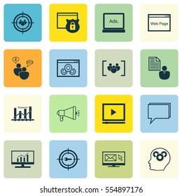Set Of 16 SEO Icons. Includes Keyword Optimisation, Market Research, Questionnaire And Other Symbols. Beautiful Design Elements.