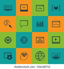 Set Of 16 SEO Icons. Includes Website, Connectivity, Digital Media And Other Symbols. Beautiful Design Elements.