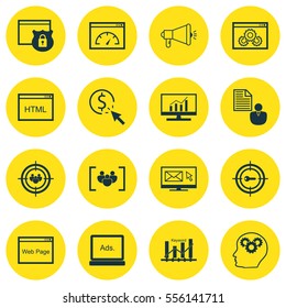 Set Of 16 SEO Icons. Includes Report, Newsletter, Market Research And Other Symbols. Beautiful Design Elements.
