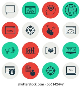 Set Of 16 SEO Icons. Includes Coding, Security, Web Page Performance And Other Symbols. Beautiful Design Elements.