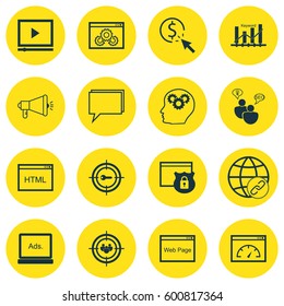Set Of 16 SEO Icons. Includes Coding, Video Player, Web Page Performance And Other Symbols. Beautiful Design Elements.