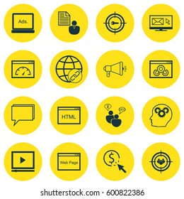 Set Of 16 SEO Icons. Includes Video Player, Digital Media, Search Optimization And Other Symbols. Beautiful Design Elements.