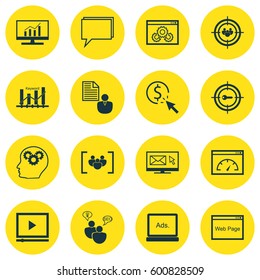 Set Of 16 SEO Icons. Includes Conference, Focus Group, Newsletter And Other Symbols. Beautiful Design Elements.
