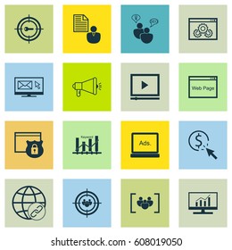 Set Of 16 SEO Icons. Includes Report, Website, Media Campaign And Other Symbols. Beautiful Design Elements.