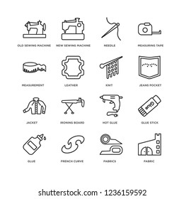 Set Of 16 sew linear icons such as Fabric, Fabrics, French curve, Glue, Glue stick, Old sewing machine, Measurement, Jacket, Knit, editable stroke icon pack, pixel perfect