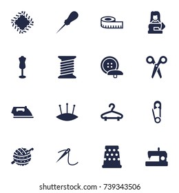 Set Of 16 Sewing Icons Set.Collection Of Pintle, Mannequin, Embroidered And Other Elements.