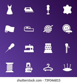 Set Of 16 Sewing Icons Set.Collection Of Pins, Meter, Spool And Other Elements.