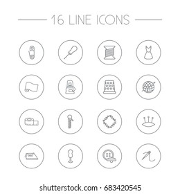Set Of 16 Sewing Outline Icons Set.Collection Of Tremble, Bobbin, Pincushion And Other Elements.