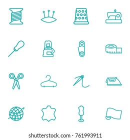 Set Of 16 Sewing Outline Icons Set.Collection Of Crochet, Needle, Scissors And Other Elements.