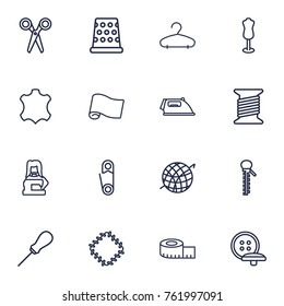 Set Of 16 Sewing Outline Icons Set.Collection Of Tailor, Iron, Crochet And Other Elements.