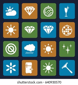 Set of 16 shine filled icons such as sun, diamond, diamond, window squeegee, clean, clean wine glass, clean fridge, no brightness, disco ball, sun cloud