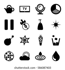 Set of 16 shiny filled icons such as mirror, soap, water drop, explosion, disc flame, remote control, star, sun, pause, brightness, teapot, drop, trash bin