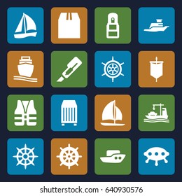 Set of 16 ship filled icons such as boat, helm, cutter, cargo container, office supply, sailboat, life vest, sail