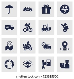 Set Of 16 Shipment Icons Set.Collection Of Parcel, Scooter, Umbrella And Other Elements.