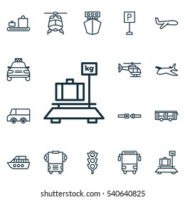 Set Of 16 Shipping Icons. Includes Baggage, Flight Vehicle, Stoplight And Other Symbols. Beautiful Design Elements.