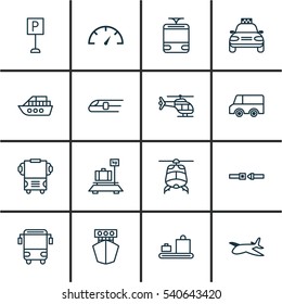 Set Of 16 Shipping Icons. Includes Streetcar, Baggage, Car Vehicle And Other Symbols. Beautiful Design Elements.
