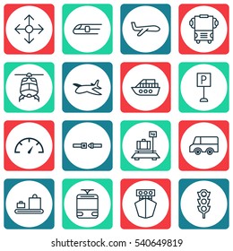 Set Of 16 Shipping Icons. Includes Baggage, Roadsign, Ship And Other Symbols. Beautiful Design Elements.