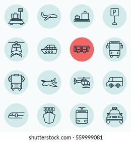 Set Of 16 Shipping Icons. Includes Ship, Plane, Lorry And Other Symbols. Beautiful Design Elements.