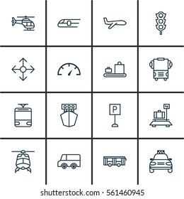 Set Of 16 Shipping Icons. Includes Baggage, Speed Checker, Road Pointer And Other Symbols. Beautiful Design Elements.