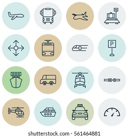 Set Of 16 Shipping Icons. Includes Roadsign, Car Vehicle, Ship And Other Symbols. Beautiful Design Elements.