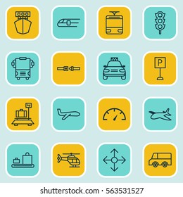 Set Of 16 Shipping Icons. Includes Speed Checker, Stoplight, Ship And Other Symbols. Beautiful Design Elements.