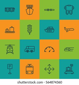 Set Of 16 Shipping Icons. Includes Baggage Carousel, Roadsign, Air Transport And Other Symbols. Beautiful Design Elements.