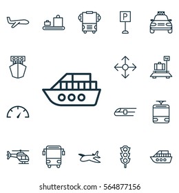 Set Of 16 Shipping Icons. Includes Baggage, Flight Vehicle, Air Transport And Other Symbols. Beautiful Design Elements.