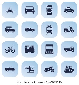 Set Of 16 Shipping Icons Set.Collection Of Boat, Scooter, Wagon And Other Elements.