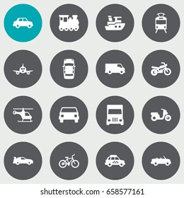 Set Of 16 Shipping Icons Set.Collection Of Cabriolet, Motorbike, Scooter And Other Elements.