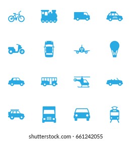 Set Of 16 Shipping Icons Set.Collection Of Streetcar, Coupe, Caravan And Other Elements.