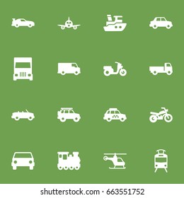 Set Of 16 Shipping Icons Set.Collection Of Scooter, Car, Lorry And Other Elements.